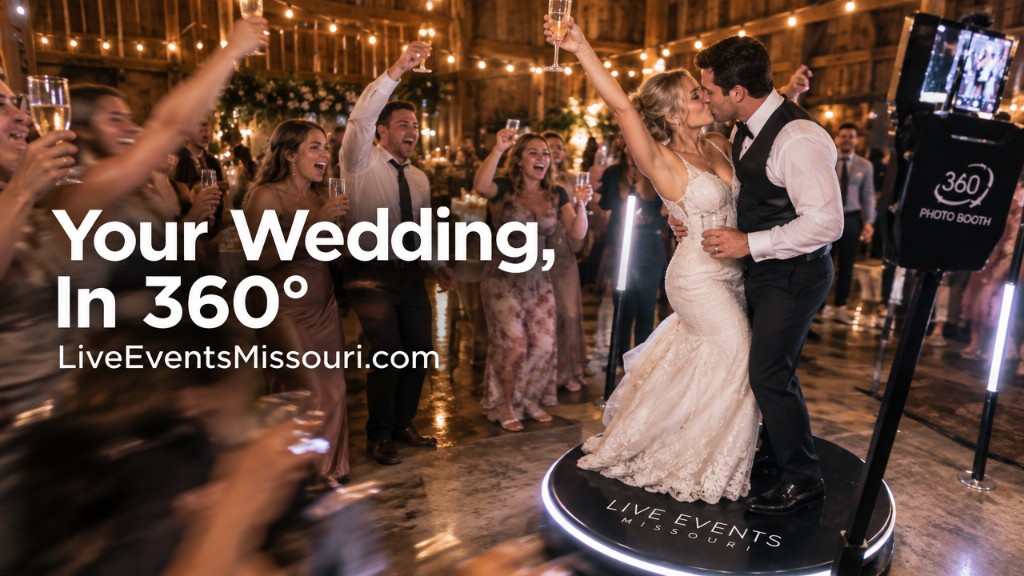 Couple on the Live Events Missouri 360 photo booth platform